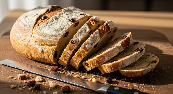 Rustic homemade raisin bread loaf sliced wooden cutting board dusted white flour top natural daylight bakery product fresh baked carbohydrate food