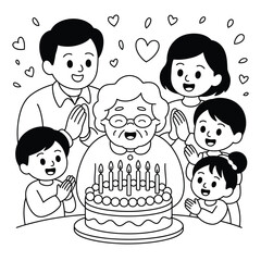 Happy family celebrating grandmother's birthday with cake and candles, cartoon illustration isolated on white background, Vector, illustration