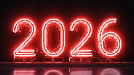  red neon &ldquo;2026&rdquo; floating on a black background,