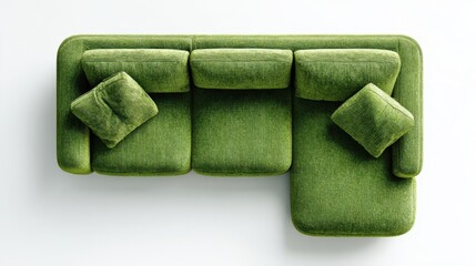 Green l shaped corduroy sofa from above, featuring comfortable cushions and modern minimalist design, offering contemporary home furnishing and interior decor elements