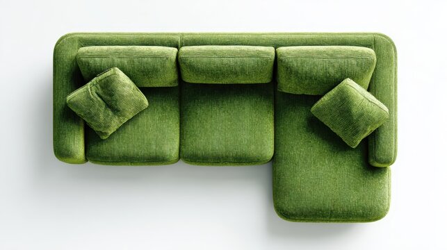 Green l shaped corduroy sofa from above, featuring comfortable cushions and modern minimalist design, offering contemporary home furnishing and interior decor elements