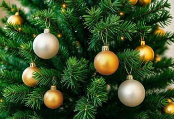 Sparkling silver and gold ornaments adorn a lush green Christmas tree,  ribbon,  glitter