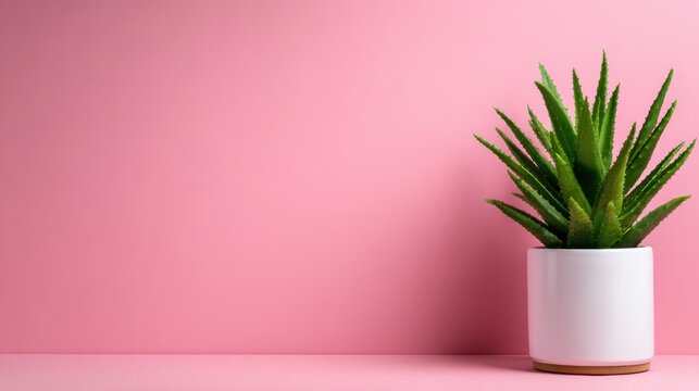 An aloe vera plant in a chic white pot stands elegantly against a soft pink backdrop, symbolizing health, nature, and stylish home decor.