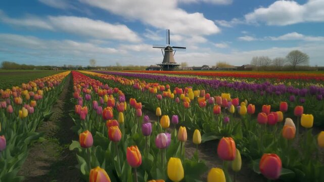 Tulip flowers blooming in a tulip field