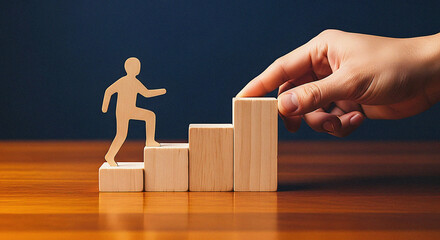 Hand Placing Wooden Block to Help Figure Climb Staircase: Business Career Growth, Mentorship, and Professional Development Assistance Concept