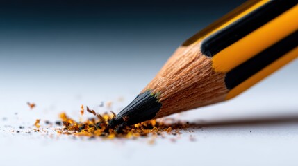 An extreme close-up of a vibrant yellow pencil tip surrounded by colorful shavings, representing creativity and the art of drawing in an inspiring way.