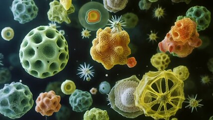 Spring pollen season. Allergy. A microscopic view of a coral structure, showcasing intricate details and textures. The coral is a vibrant yellow.