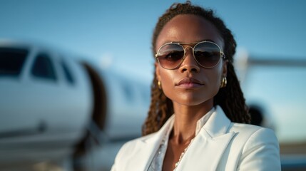 This striking image features a confident woman wearing sunglasses and a tailored outfit, standing next to a private jet, embodying luxury, success, and empowerment in modern life.