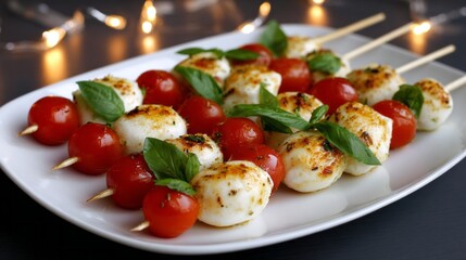 A plate of skewers with cheese and tomatoes. The skewers are on a white plate and the plate is on a black background