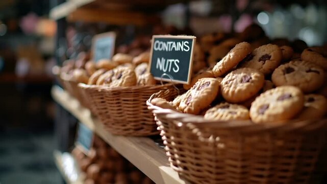 Allergy. A closeup shot of a bakery counter with a variety of cookies and a sign indicating contains nuts on it. The cookies are displayed in a basket.