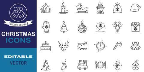 Christmas line icon symbol collection. Containing holiday, gift, angel, Christmas tree, bow, bell, wreath, fireworks, snow, snowman, box, Xmas, Christmas ornament and more. Editable stroke.