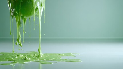 An eye-catching image presents thick green slime dramatically dripping down a smooth surface, evoking feelings of curiosity and intrigue amidst a playful scene.
