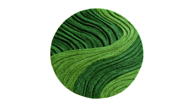 Green grass texture forming abstract waves and patterns within a perfect circular shape, symbolizing growth, harmony, and environmental conservation, on a transparent background, png - Powered by Adobe