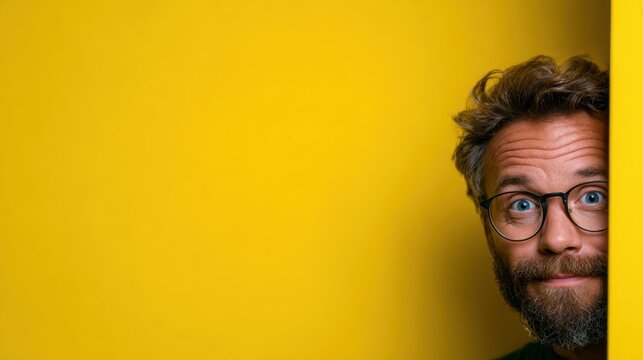 A cheerful man with glasses peeks around a bright yellow wall, showcasing an inviting expression that conveys friendliness and warmth in this vibrant setting.