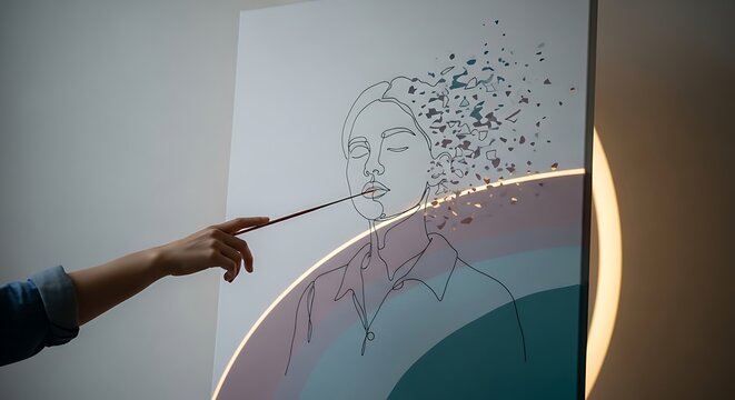 Creative artist drawing a portrait with expressive disintegration effect, a modern art piece full of emotion, perfect for contemporary design projects - Powered by Adobe