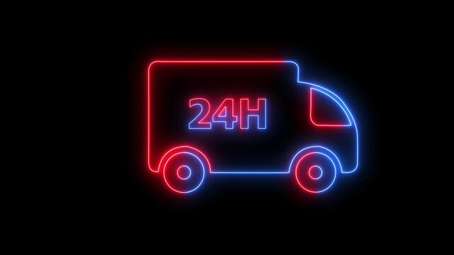 Glowing neon Delivery van icon animation on black background. Red and blue Neon Delivery Truck Icon. Fast delivery icon, 24 h Delivery service concept.