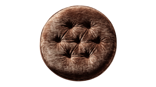 Round tufted brown velvet stool top view, vintage and elegant furniture element with soft textile upholstery for home decor and comfortable seating on transparent background, png