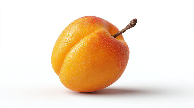 A single apricot with a stem on a white background showing its texture and color