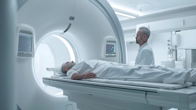 A medical professional in a white lab coat stands in a hospital room with a patient lying on a bed. The room is equipped with a large, modern MRI machine.