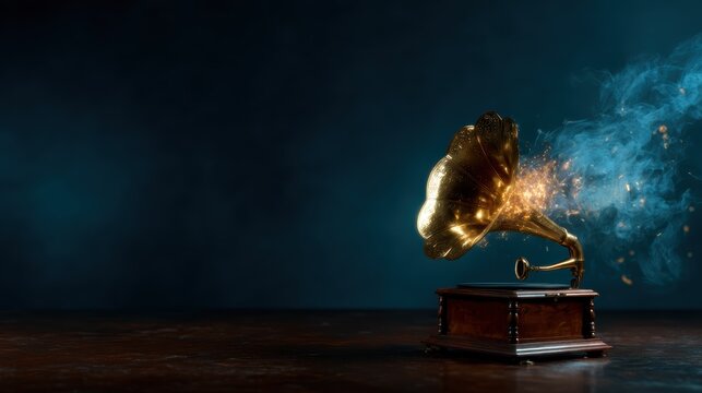 A beautifully crafted vintage gramophone stands alone, enveloped in wisps of smoke, representing nostalgia and the timeless appeal of music and artistry.