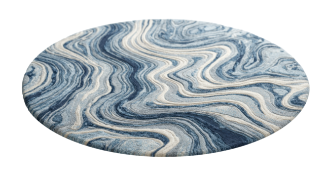 Oval rug displaying intricate abstract swirling patterns in shades of blue and white. Simulating liquid marble or agate texture. Providing a stylish floor covering element on a transparent background,