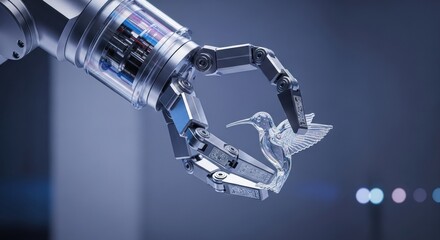 Fototapeta premium Robotic Arm Holding a Delicate Crystal Hummingbird with Precision.