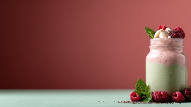 A refreshing raspberry and mint smoothie topped with nuts and berries in a glass jar offers a nutritious and colorful drink appealing to health enthusiasts and food lovers.