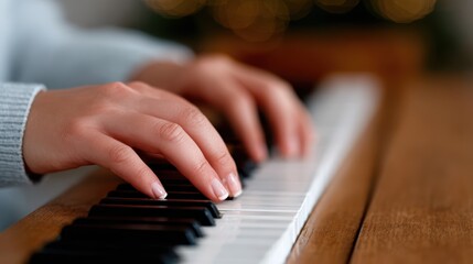 A close-up of delicate hands playing piano keys, illuminated softly, capturing the essence of music and artistry in an intimate and beautiful moment of creativity.
