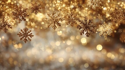 Golden glitter snowflakes hanging against a sparkling bokeh background, creating a festive winter holiday atmosphere with shimmering light reflections and soft focus