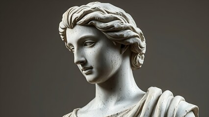 patina. Classical stone statue with surface weathering under dramatic lighting on neutral background. event programs, museum guides, designed for cultural heritage projects and event programs.