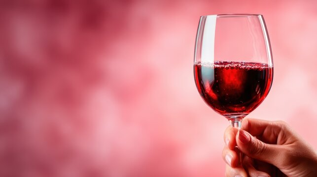 A beautifully presented glass of red wine stands out against a soft pink background, capturing the essence of sophistication and celebration in every sip.