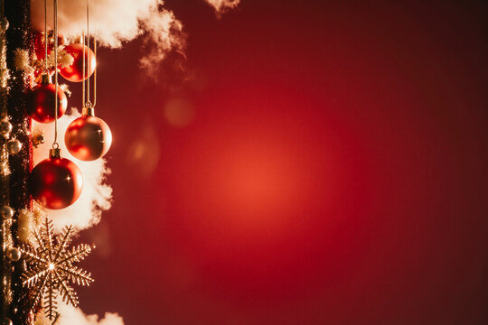 Festive christmas ornaments on a warm red background