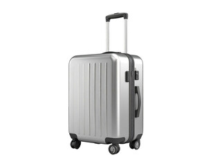 Silver luggage, upright on wheels, handle extended