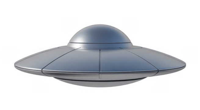 Silver flying saucer with domed top and segmented disc isolated on a transparent background