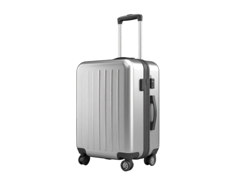 Silver luggage, upright on wheels, handle extended