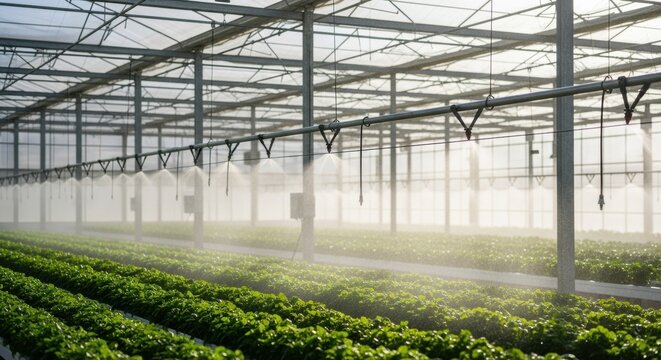 Greenhouse Farming - Rows of Crops Under Sprinkler System.