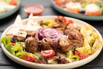 Grilled Kebab Skewers Served Plate Fried Potato Vegetables Suluguni Cheese