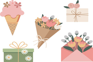 Set of Celebration Gift Icons, Pastel Flat Design Flowers Bouquet and Ice Cream, Cute Birthday Spring Holiday Vector Illustration Collection