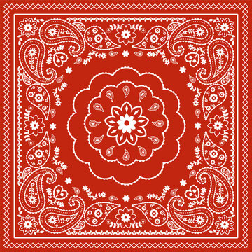 Classic Paisley Bandana Pattern Featuring Ornate Floral Elements and Intricate Line Art 
