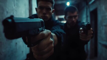 A cinematic scene featuring two men in a dimly lit, industrial setting. The man on the left is aiming a pistol, his face partially obscured by the shadows, with a focused expression.