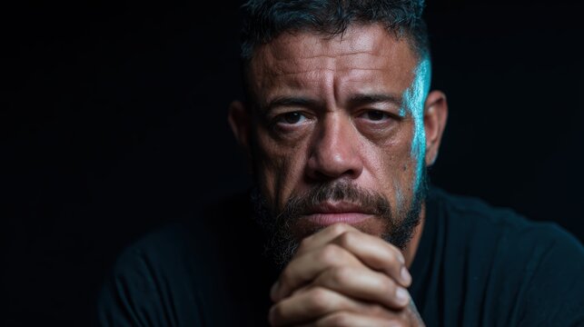 A close-up portrait of a serious man with a contemplative expression, illuminated against a dark background, radiating emotions of introspection and depth.