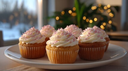 Six pink and white cupcakes were arranged on a white dining table