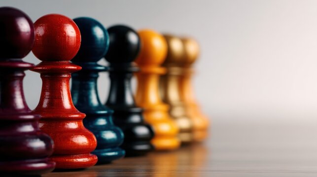 A vibrant row of chess pawns, showcasing various colors that symbolize strategy, competition, and the thrill of the game in a captivating visual arrangement.