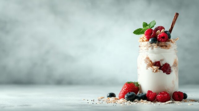 A beautiful yogurt parfait layered with fresh fruits like strawberries and raspberries, topped with oats, perfect for healthy breakfast or dessert ideas.