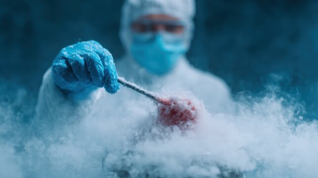 A scientist in protective gear conducts an experiment involving liquid nitrogen, showcasing innovation and precision in a high-tech laboratory setting. - Powered by Adobe