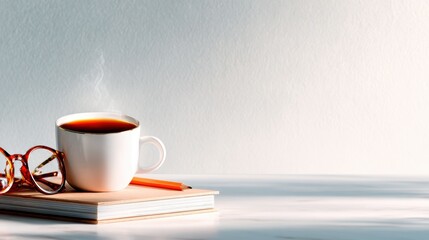 A steaming coffee cup atop a book with glasses and a pencil accented suggests a serene atmosphere perfect for relaxation and contemplation or enjoying a good read.