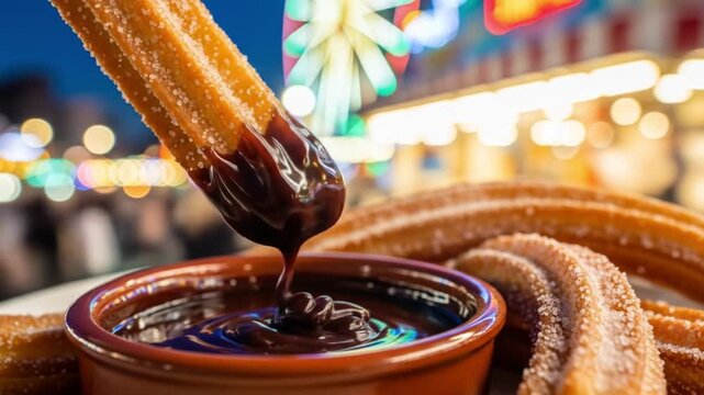 Delicious churros being dipped in rich chocolate sauce at a vibrant night market.