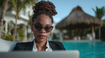 A modern, stylish woman wearing chic sunglasses working on her laptop by a tranquil pool, embodying the blend of lifestyle, leisure, and productivity in a luxurious setting.
