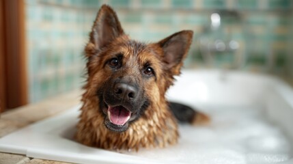 A joyful dog playfully splashes in a bubble-filled bathtub, showcasing the beauty of companionship and playful moments that enhance the bond between pets and humans.