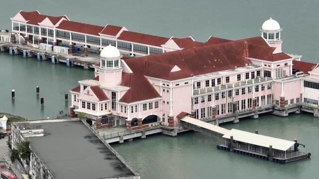 rainy sky day time penang island george town traffic bay cruise liner dock station street aerial panorama 4k malaysia